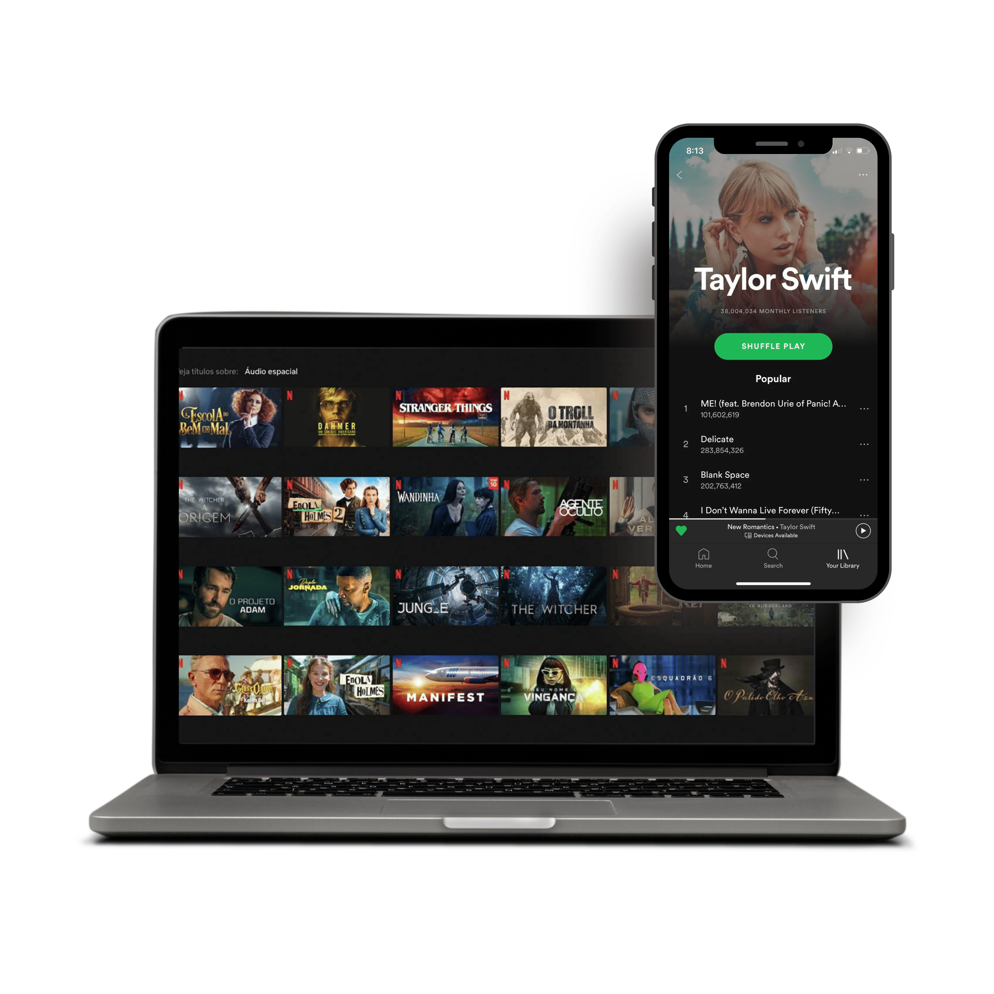 Imagem de dois dispositivos móveis com tablet exibindo netflix e um smartphone exibindo youtube